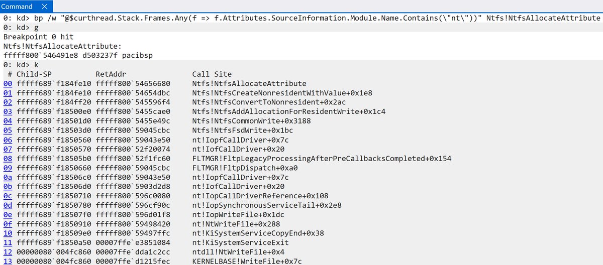 Random things which could be helpful - conditional breakpoint for if a particular module is present in a stack - e.g., "break on X function if Y module is in the stack"

bp /w "@$curthread.Stack.Frames.Any(f => …ributes.SourceInformation.Module.Name.Contains(\"MODULENAME\"))" TARGETFUNCTION