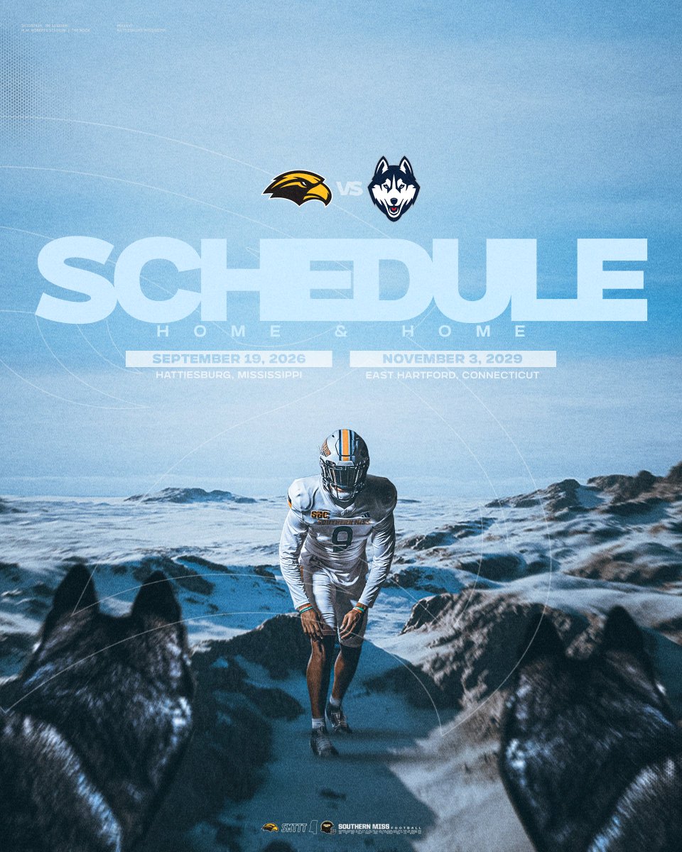 SouthernMissFB's tweet image. Golden Eagles 🤝 Huskies

Mark it on your calendars for 2026 and 2029
2026 » Hattiesburg
2029 » Storrs

#LockIn | #SMTTT