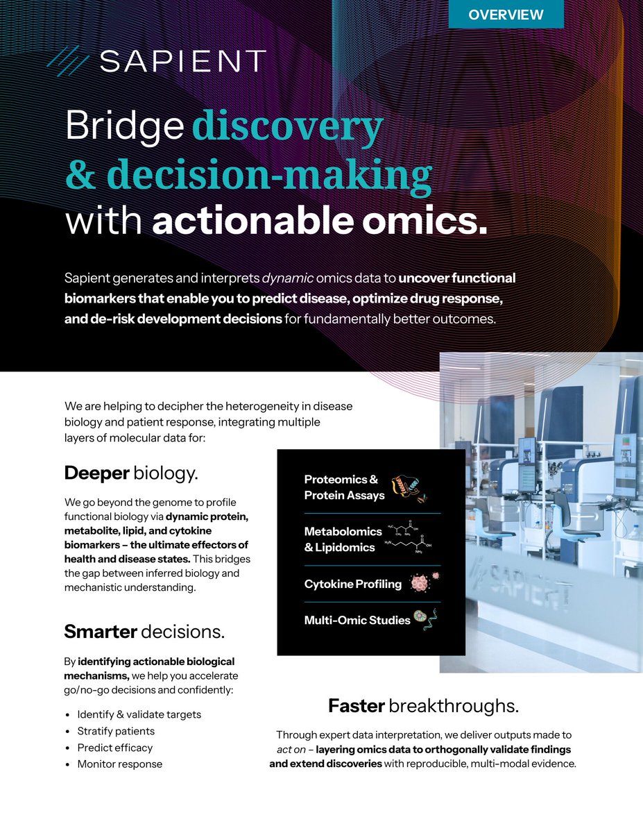 SapientBio's tweet photo. Traditional biomarker panels miss the complexity of human biology. Sapient changes that with actionable omics – scalable, high‑resolution protein, metabolite, lipid &amp; cytokine profiling that reveals real biology, not inferences.
Meet with our scientists: https://t.co/i9qLNuLs10 https://t.co/Lknv6zBiDd