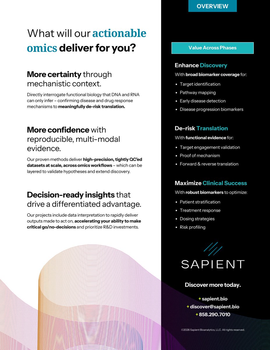 SapientBio's tweet photo. Traditional biomarker panels miss the complexity of human biology. Sapient changes that with actionable omics – scalable, high‑resolution protein, metabolite, lipid &amp; cytokine profiling that reveals real biology, not inferences.
Meet with our scientists: https://t.co/i9qLNuLs10 https://t.co/Lknv6zBiDd