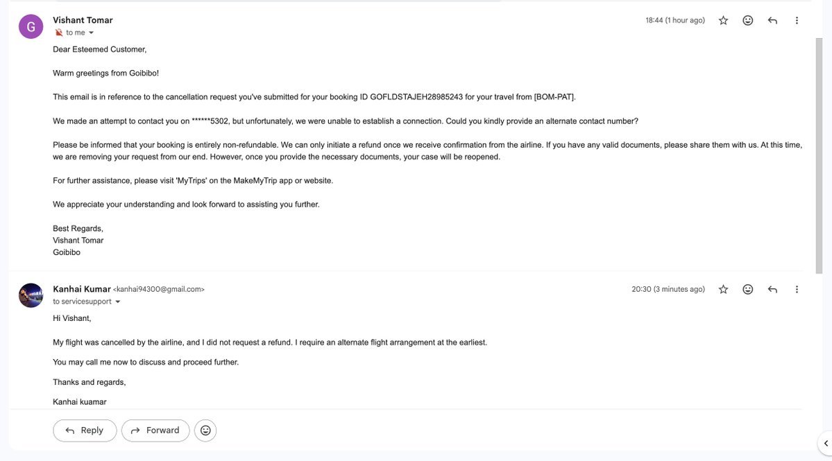 kanhai94's tweet photo. @GoibiboSupport @GoibiboSupport @goibibo Why am I receiving such a nonsensical email from your team when I never asked for a refund? I clearly requested an alternate flight. Then why is your team sending this? You had already told me that you would provide a resolution within 3 days. https://t.co/2Ha6IRfXSd
