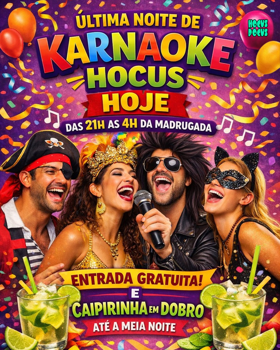 E hoje temos nossa última noite de KARNAOKE HOCUS. Lembrando que a ENTRADA É GRATUITA e a PROMOÇÃO de caipirinha em dobro vai até a meia noite. Então chegue cedo e aproveite essa última noite de folia com a gente! 

#VemProHocus #Karaoke #KaraokeHocus #Carnaval #KarnaokeHocus
