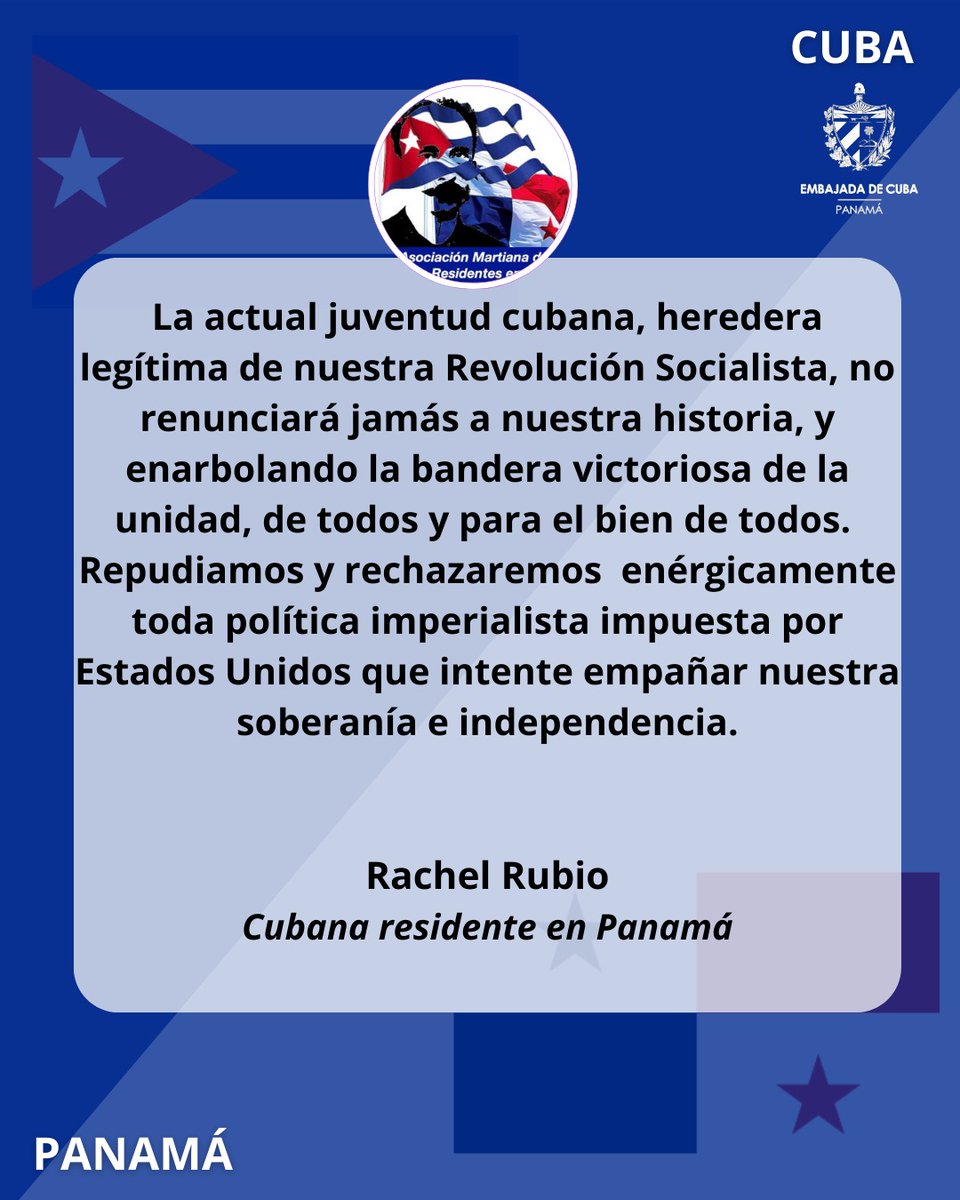 Agradecemos mensajes  de las cubanas residentes en #Panamá Caridad y Rachel.Repudiamos enérgicamente toda politica injerencista, porque los cubanos somos de !Patria o Muerte!  #CubaEstáFirme #CubaNoEstáSola