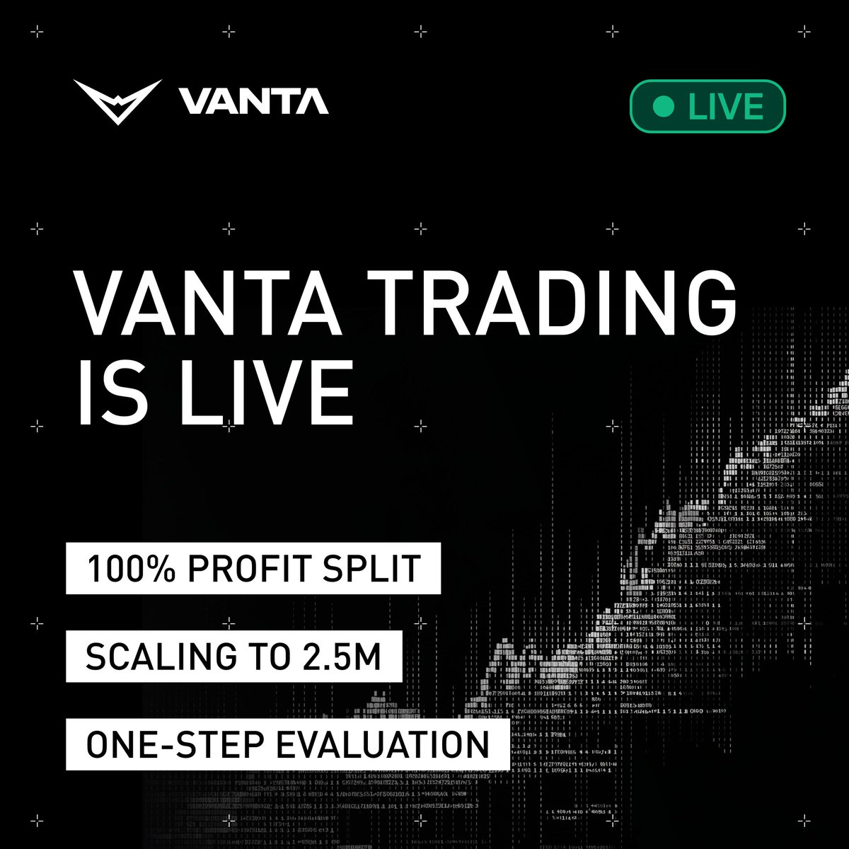 Vanta Trading is LIVE 🚨

The Vanta Difference: 
• 100% profit splits
• Scaling up to $2.5m
• 1-step evaluation, 8% profit target
• Weekly payouts, verifiable through decentralized technology

The Vanta Evaluation is built to test your trading skill, not endurance. No hidden