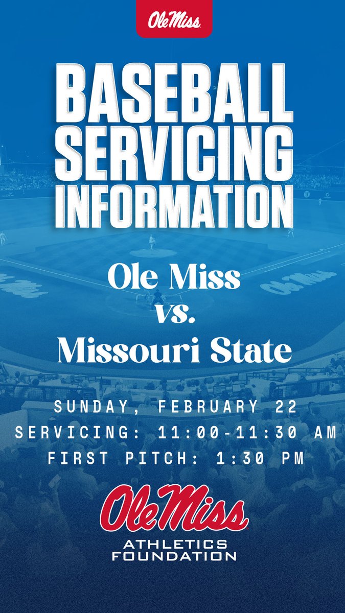 OleMissAF's tweet photo. Baseball servicing information for Sunday, February 22‼️
🚨@OleMissBSB vs. Missouri State
🏟️Servicing: 11:00-11:30 AM
⚾️First Pitch: 1:30 PM https://t.co/koD1EGxh4m