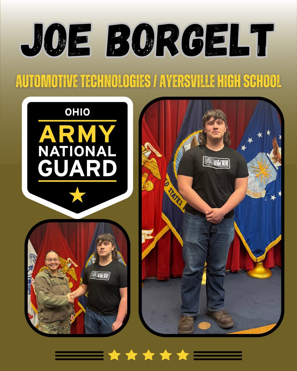 Joe Borgelt has officially enlisted as a 91B – Wheeled Vehicle Mechanic, a position that aligns seamlessly with his goal of continuing his education at UNOH — fully funded through the National Guard Scholarship Program.

Congratulations, Joseph, on this impressive step forward.