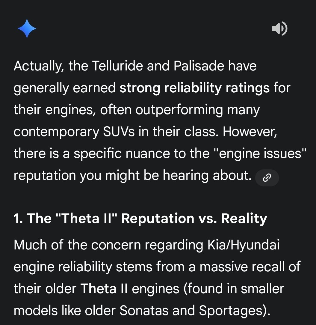 rpgiles's tweet photo. @thecavemommy Don't rely on hearsay. People love to hate on Kia and Hyundai because of outdated information. Check Gemini or chatgpt for questions like this to get away from anecdotal evidence. https://t.co/BD9DYIi31w