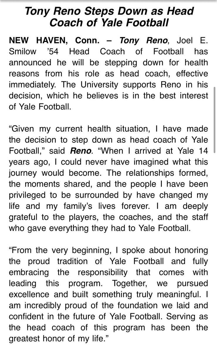 kstone06's tweet photo. Statement from @CoachRenoYale on stepping down as head coach of the Bulldogs @newftbj @yalefootball https://t.co/aEn9ItB5oL