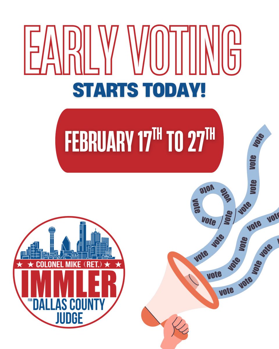 ColMike4Dallas's tweet photo. Early voting is OFFICIALLY open! 🗳️ 🇺🇸

From now until Feb 27th, you can cast your ballot for a safer, stronger Dallas County. It’s time for leadership with a proven track record of service.

Let’s get to work. Vote Mike Immler for Dallas County Judge!

#MikeForDallasJudge https://t.co/EWwL5FGZZc
