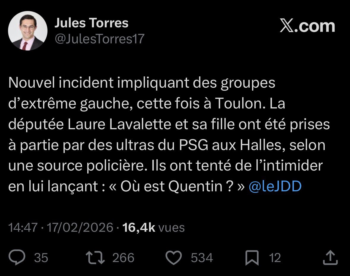 🔴🇫🇷 𝗙𝗟𝗔𝗦𝗛 𝗜𝗡𝗙𝗢 — La députée RN Laure Lavalette a été prise à partie en présence de sa fille aux Halles de Toulon par un groupe d’ultras du PSG issus de l’extrême gauche.

Les individus ont tenté de l’intimider en lui lançant : « Où est Quentin ? »

(Source :