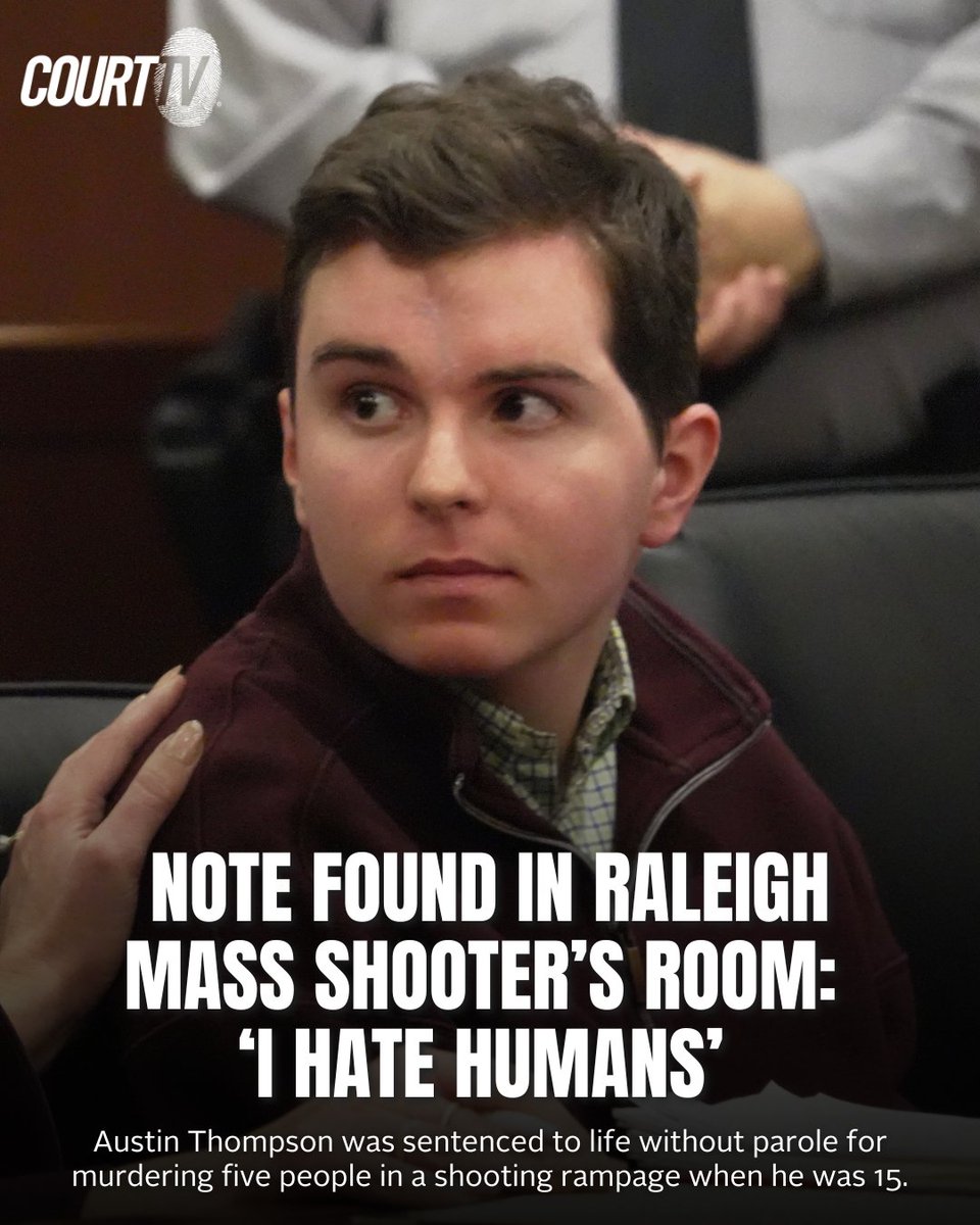CourtTV's tweet photo. “I have no regrets.” During sentencing, an officer read a note found in 15-year-old #AustinThompson’s bedroom after he murdered his brother and four other people.
 
Thompson was sentenced to life without the possibility of parole.
 
#CourtTV What do YOU think? https://t.co/jCeQ8CHFZK