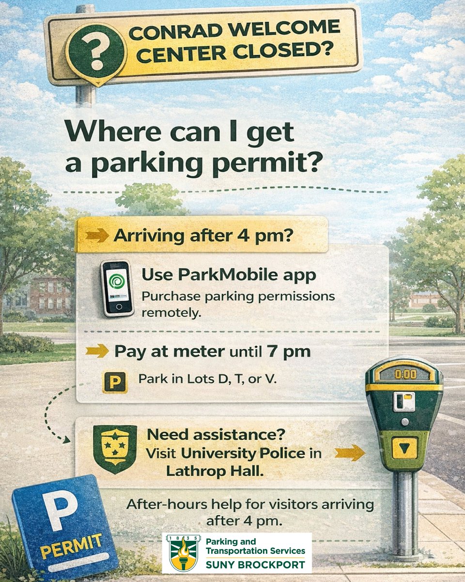 Conrad Welcome Center closed? No
worries — you can still get a parking permit! 🚗🅿️

#sunybrockport #brockport #brockportparking
#campusparking #parkmobile #parkingpermit
#brockportstudents