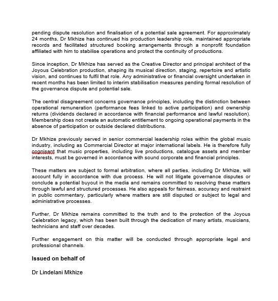JUST IN : Creative Director and Principal Architect of the Joyous Celebration production Dr Lindelani Mkhize has rejected claims of improper financial conduct at Joyous Celebration. 

He says longstanding governance disputes are being misrepresented in the media. 

Mkhize says he