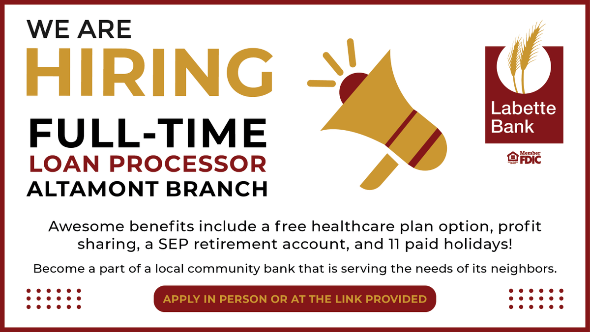 We’re hiring! Labette Bank is accepting applications for a Full-Time Loan Processor at our Altamont branch. 
Check out the full job description at indeed.com/job/loan-proce…