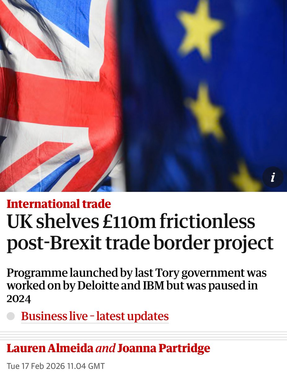 £110m spent. Project closed. No system delivered.

The UK’s “frictionless post-Brexit border” IT platform has been quietly shelved.

No staff assigned. Contract with Deloitte &amp; IBM closed.
Treasury says it was brought to an early closure.

Meanwhile the NAO estimates post-Brexit