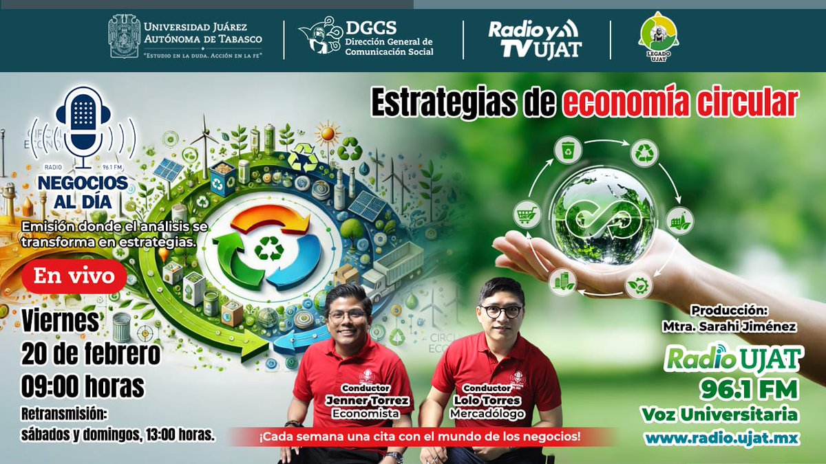 Negocios al día! Emisión donde el análisis se transforma en estrategias. Les espera todos los viernes 📅de 9:00 a 10:00 de la mañana, EN VIVO, Retransmisión sábados y domingos a la 1:00 pm. por Radio UJAT 📻96.1 FM. Con el mercadólogo Lolo Torres y el economista Jenner Torrez.