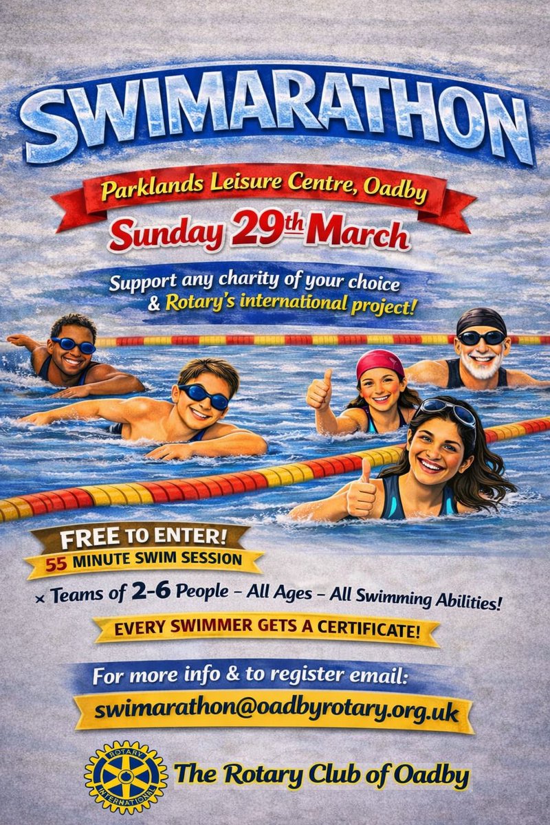 RotaryOadby's tweet photo. Our 10th Swimarathon is coming up at Parklands in #oadby - we're always looking for new teams to join, so do get in touch if you'd like to join, or tag others.

It's a great way to not only raise funds for any charity of your choice, but to get fit at the same time...a win-win! https://t.co/F6kpycratY