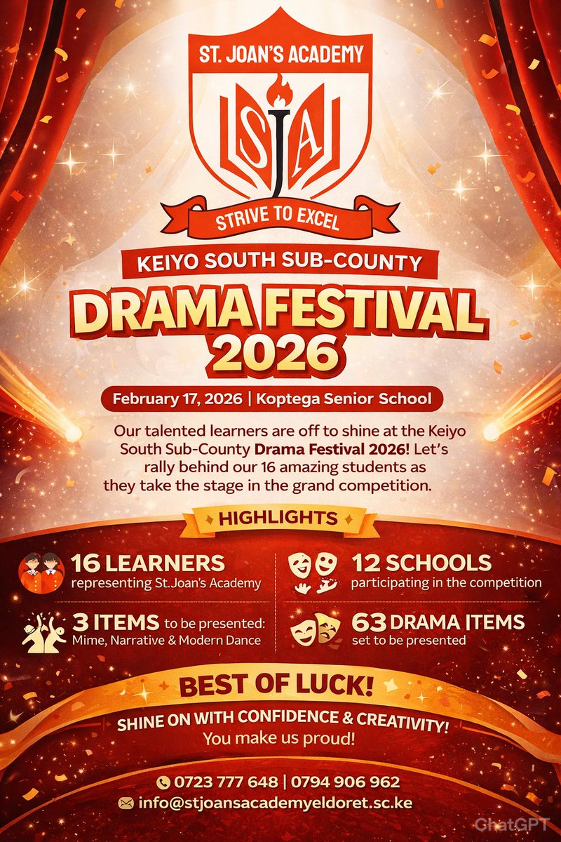 StJoansEldoret's tweet photo. Today, St Joan's Academy Eldoret proudly takes the spotlight at the Keiyo South Sub-County Drama Festival 2026!
π² : 0723 777 648 | 0794 906 962
Email: info@stjoansacademyeldoret.sc.ke
#StJoansAcademyEldoret #StriveToExcel #DramaFestival2026 #CreativeExcellence https://t.co/RG9o7uVPWv