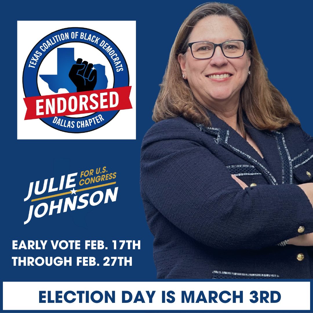 juliejohnsonTX's tweet image. Proud and grateful to earn the endorsement of the @txblackdems Dallas County. We’ve built a broad coalition because we’ve been in the fights together, not just during election season, but when it mattered most. 

This campaign is about strength, unity, and results. We organize