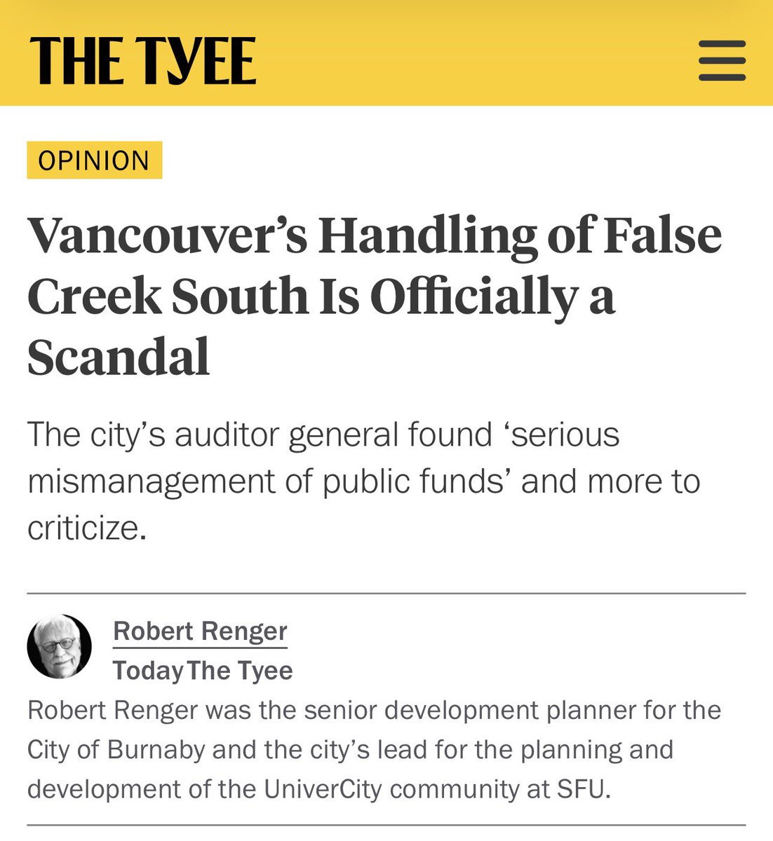 Vancouver Auditor General found “serious mismanagement of public funds” re: $1M False Creek South planning contract.

There were many violations of the city’s procurement policy.

Staff’s intent was to avoid “scrutiny or engagement by stakeholders”.

tinyurl.com/3ktm7drx