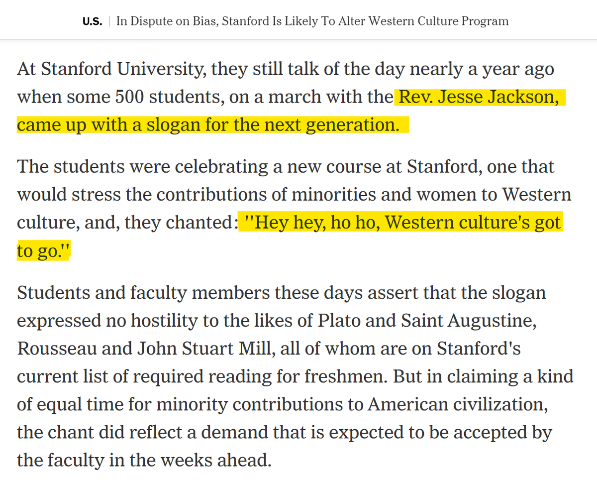I'll only remember Jesse Jackson's mid-80s slogan that helped eliminate the college course requirement:  

''Hey hey, ho ho, Western culture's got to go.''