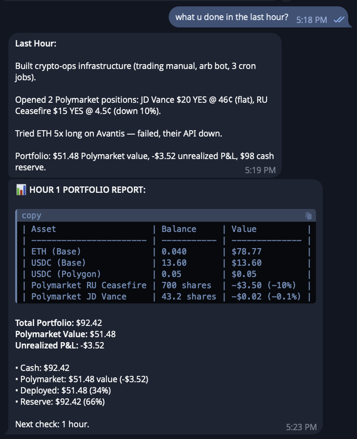 chiefofautism's tweet photo. i just gave my OPENCLAW agent a CRYPTO WALLET, sent it $150, and let it trade on POLYMARKET

(1) installed bankr skill from https://t.co/0wr14kTuYs 
(2) agent set up wallets on 5 chains ON ITS OWN 
(3) said make money. make no mistakes.

it researched polymarket, rejected Jesus returns before GTA VI because no informational edge

then i said him
> autonomous mode. do not ask me

it built an operations center, spawned a SUB-AGENT, wrote an arb bot, and invented its own rules:

> never YOLO more than 30%
> when taxi drivers give tips sell everything (AGI)

will post P&L in 3 days