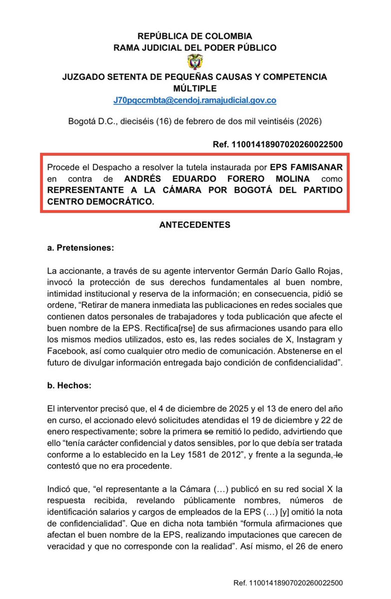 AForeroM's tweet photo. El interventor de @EPS_Famisanar, el Sr. Gallo, se quedó con los crespos hechos.

La tutela con la que buscó silenciar mis denuncias contra su abusos y arbitrariedades fue negada en primera instancia.

Se vienen más denuncias sobre lo que está haciendo este turbio personaje. https://t.co/qusnasaeEv