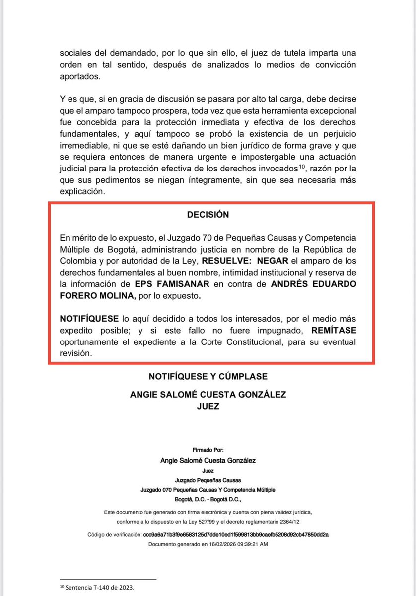 El interventor de <a href="/EPS_Famisanar/">Famisanar</a>, el Sr. Gallo, se quedó con los crespos hechos.

La tutela con la que buscó silenciar mis denuncias contra su abusos y arbitrariedades fue negada en primera instancia.

Se vienen más denuncias sobre lo que está haciendo este turbio personaje.