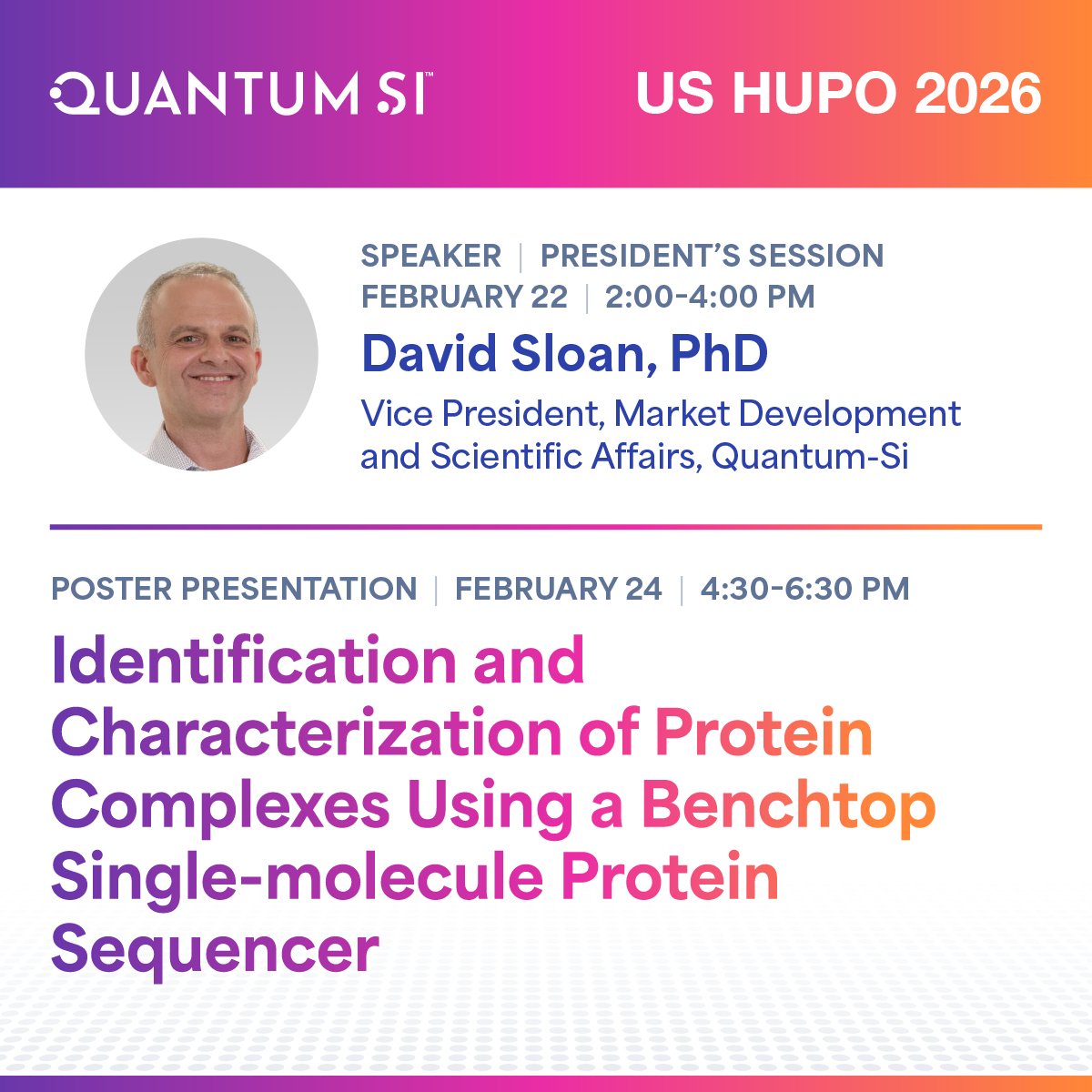 Quantum_Si's tweet photo. Quantum-Si has been selected to present in the President Session on emerging technologies at @us_hupo. This is your chance to find out what the future of #QSI next-gen protein sequencing looks like.

Check out the session, stop by our poster presentation on Tuesday, or come by booth #10 to have a one-on-one conversation.

#USHUPO #USHUPO26 #NextGenProteinSequencing #ProteinCharacterization #ProteinAnaylsis