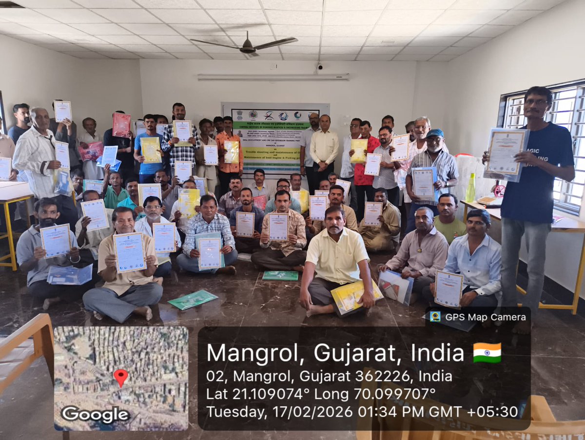 CifnetH's tweet photo. CIFNET successfully conducted 01 day's Outreach #Training programme for 50 #fishers of #Mangrol,#Gujrat on 17.02.26, jointly with #MPEDA-NETFISH & Dept.of Fisheries,Gujarat under #PMMSY funded by #NFDB on topic "Troubleshooting & Maintenance of OBM" @FisheriesGoI @ANI @PIB_India https://t.co/ZnaJ5PjDQT