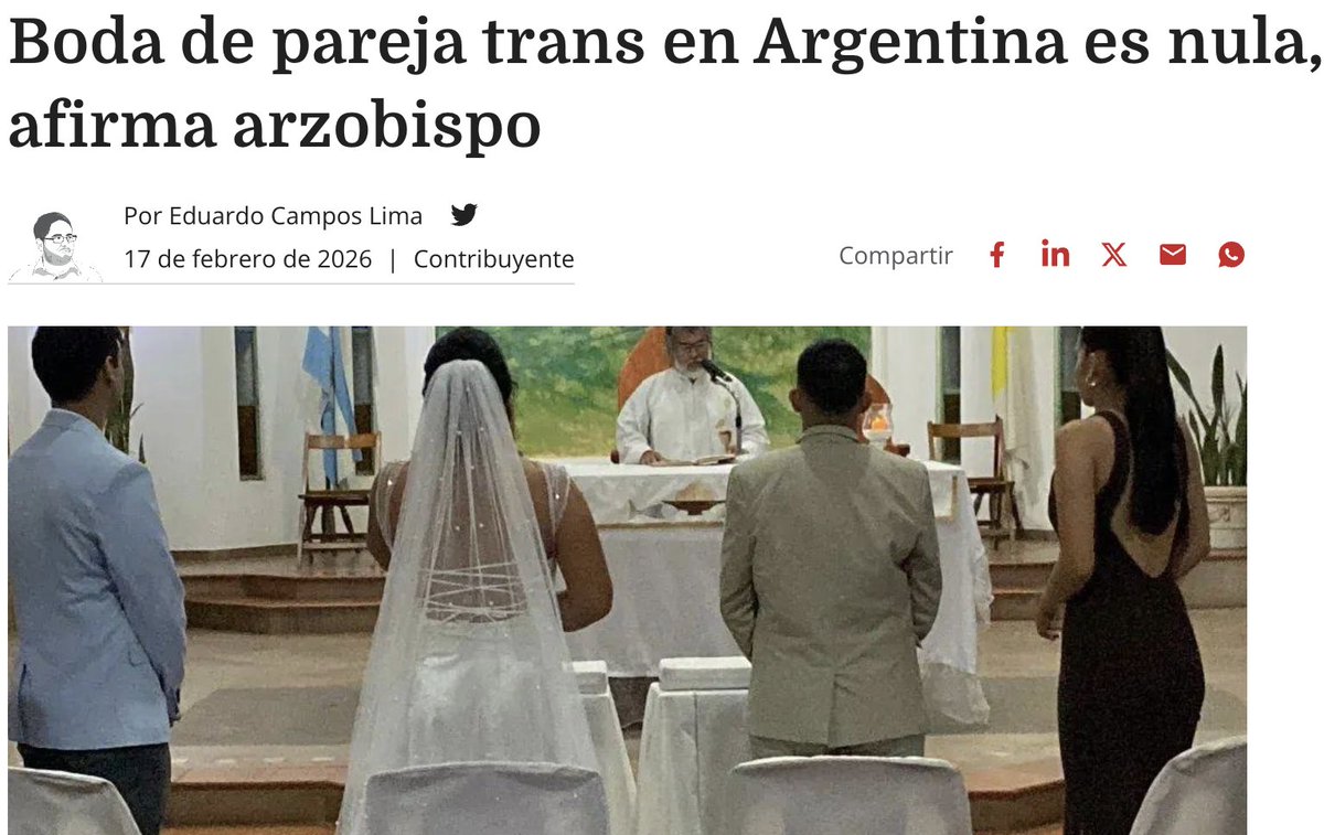 Boda de pareja trans en Argentina es nula, afirma arzobispo de Corrientes

La boda de una pareja transgénero en una iglesia en Pompeya, Argentina, el 28 de enero no tiene efecto y será anulada por decreto, dijo el arzobispo local a Crux.
Solange Ayala, mujer transgénero de