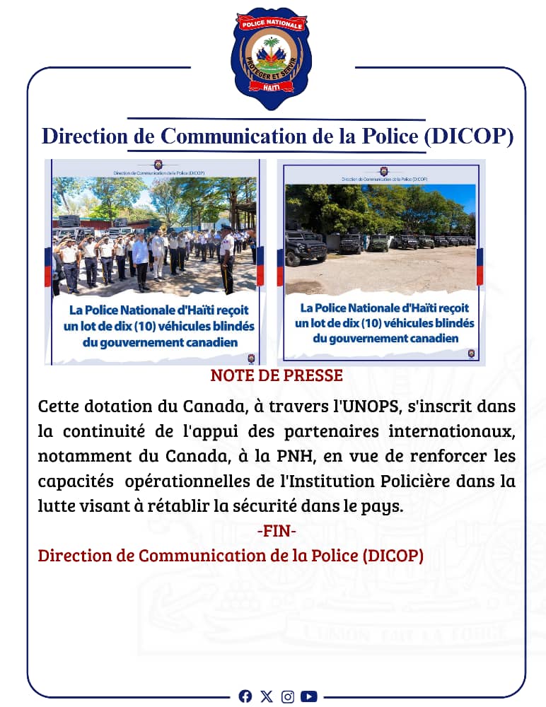 🇨🇦🇭🇹 La PNH a reçu 10 véhicules blindés du Canada, remis par l’Ambassadeur André François Giroux au Premier Ministre Alix Didier Fils-Aimé et au Cdt André Jonas Vladimir PARAISON
Un appui à travers l’UNOPS pour renforcer la sécurité en Haïti. 🙏🚔 

#PNH #Canada #Coopération