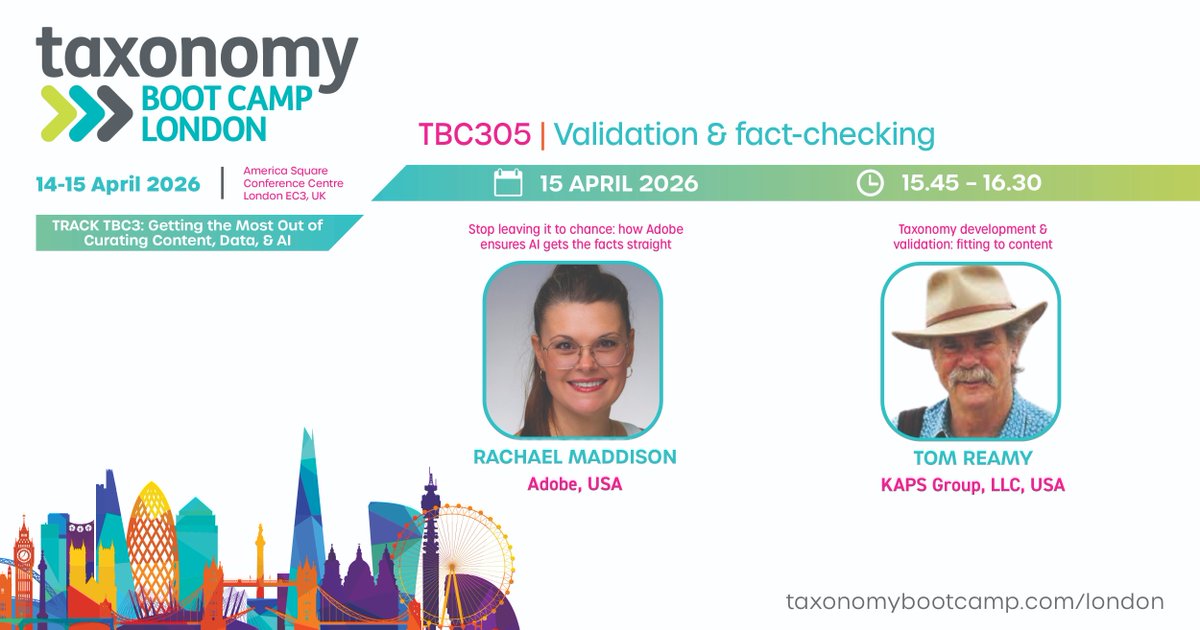 Far from negating the need for taxonomies &amp; controlled language, AI hased to even more use cases for the work we have always done, notably in the area of validation &amp; fact-checking. Insights from <a href="/Adobe/">Adobe</a> &amp; <a href="/TomReamy/">Tom Reamy</a> 
taxonomybootcamp.com/London #TBCL