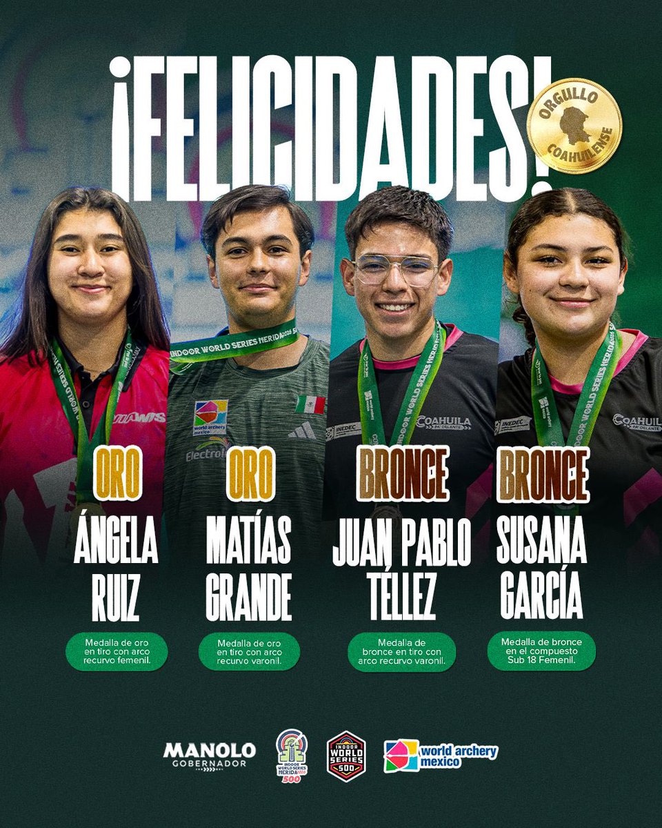 En el Indoor World Series Mérida 2026, nuestros jóvenes atletas pusieron en alto el nombre de #Coahuila al conquistar 2 medallas de oro y 2 de bronce en tiro con arco. Su gran disciplina, talento y pasión son ejemplo para tod@s. (1/2)