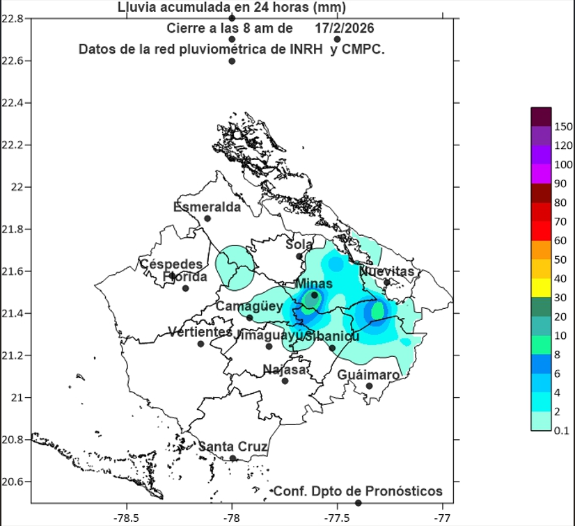Comportamiento de las variables meteorológicas en las últimas 24 horas para la provincia de Camagüey y mapa de lluvia según información del INRH.