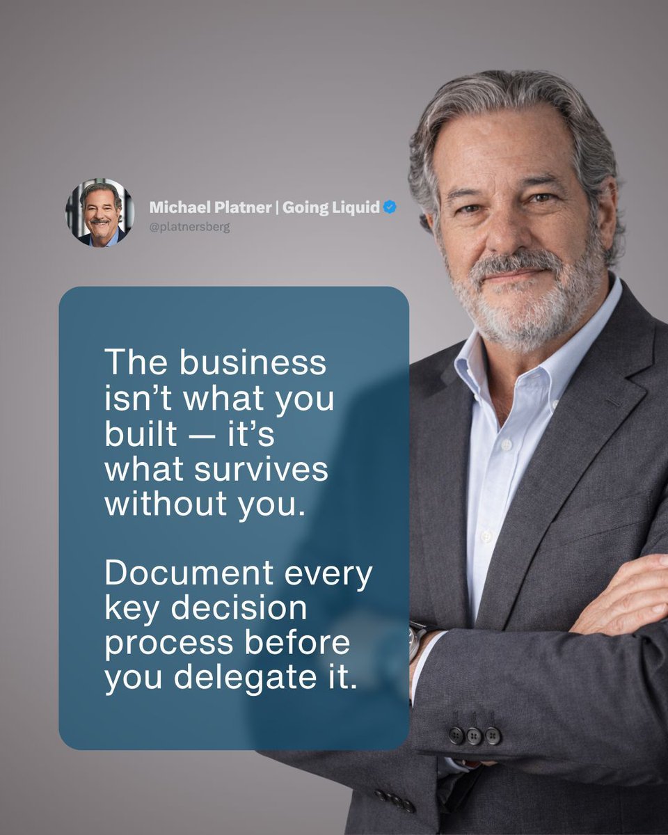 Most of the risk isn’t the work—it’s the decisions.
If the decision-making lives in your head, the business is still you.
DOCUMENT the process, then hand it off—MEASURE PERFORMANCE 

#GoingLiquid #LiquidityMindset #MichaelPlatner