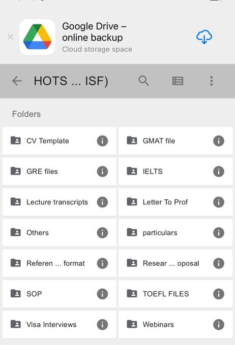 In this folder, you'll find SOP, Research Proposals, CV, Reference Letters templates, GRE, TOEFL &amp; IELTS exams prep questions. 
Link: drive.google.com/drive/mobile/f… 
 
Follow : 
<a href="/raunak_yadush/">Raunak Yadush</a>

Enjoy💜
