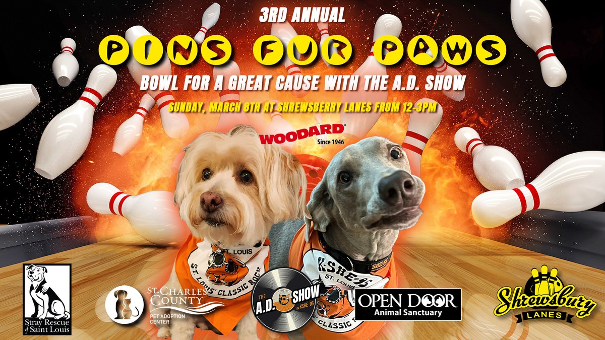 OpenDoorAnimals's tweet photo. The 3rd Annual #PinsFurPaws is back Sunday, March 8th from 12p-3p at Shrewsbury Lanes!
Join the #ADShow and the @KSHE95 crew for an afternoon of bowling, tail wags and doing some serious good.
Just bring a 15-pound bag of pet food per person — or a case of canned food— and you’ll bowl for FREE… shoes included!
All donations benefit Stray Rescue of St. Louis, Open Door Animal Sanctuary, and St. Charles County Pet Adoption Center.
We’ll have adoptable dogs on-site, games, chances to win awesome KSHE prizes… and the stakes just got bigger.
All participants will bowl 24 frames, 1 lane at a time, and the top 10 bowlers will each score a pair of tickets to see @MötleyCrüe with Tesla and Extreme at Hollywood Casino Amphitheater on August 19th!
So grab your crew, bring some pet food, and bowl all FUR a great cause.
Pins Fur Paws is brought to you by @WoodardCleaning