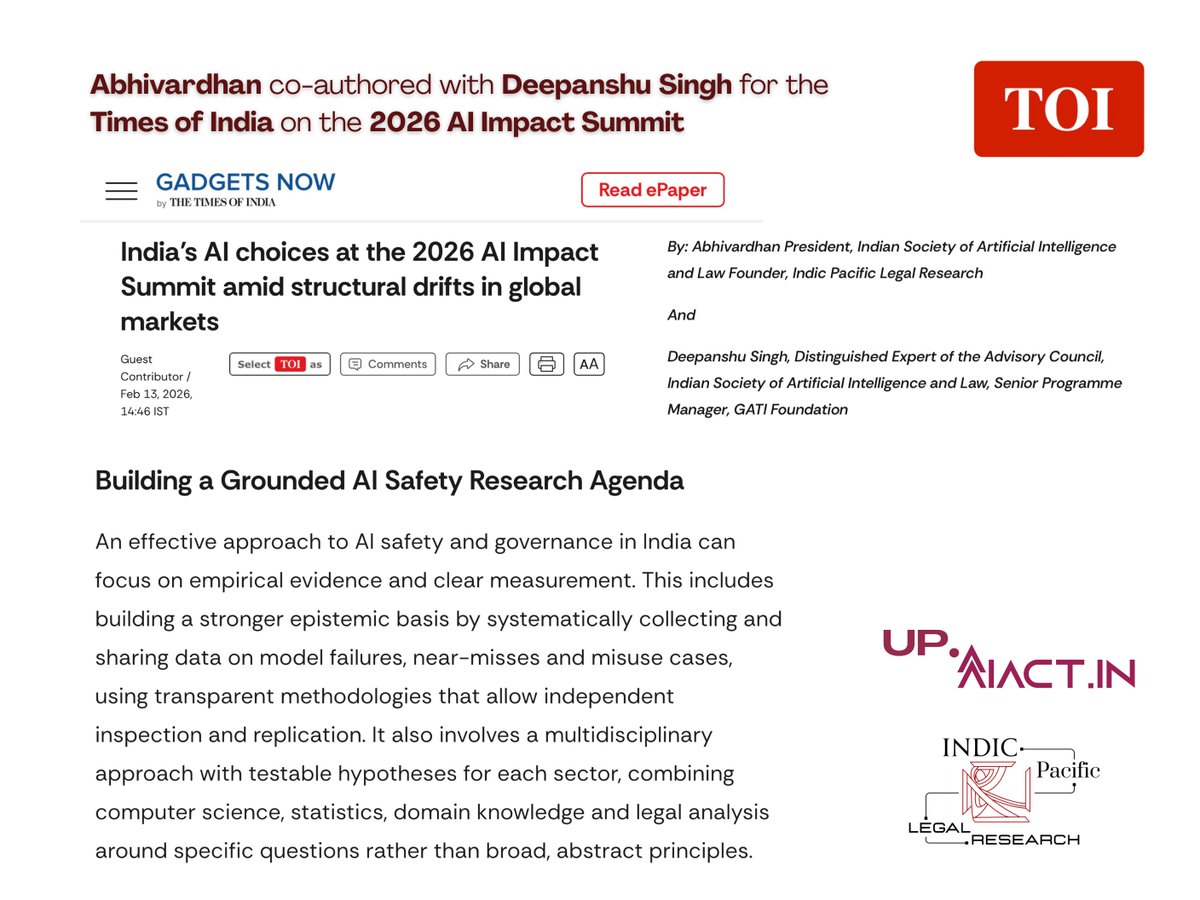 Abhivardhan, ISAIL President and <a href="/deepanshuS27/">Deepanshu Singh</a> write for <a href="/TOIIndiaNews/">TOI India</a> on the 2026 AI Impact Summit and India's AI choices.

Read: timesofindia.indiatimes.com/technology/tec…

cc <a href="/ThisIsSoliman/">Mohammed Soliman</a> <a href="/RupakChatto/">Rupak</a> <a href="/mydataorg/">MyData.org</a>