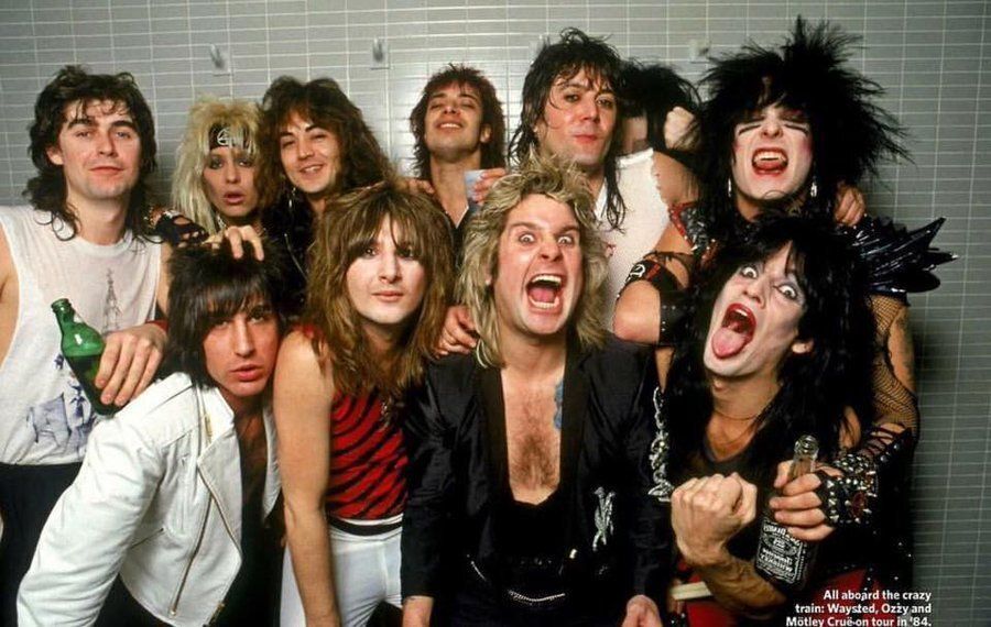 crockpics's tweet photo. Ozzy, the Crüe, and Waysted backstage during their iconic 1984 tour. Photo by Paul Natkin. This lineup was a dream come true for metal fans and a nightmare for every hotel they visited. https://t.co/yCycWpPmv6