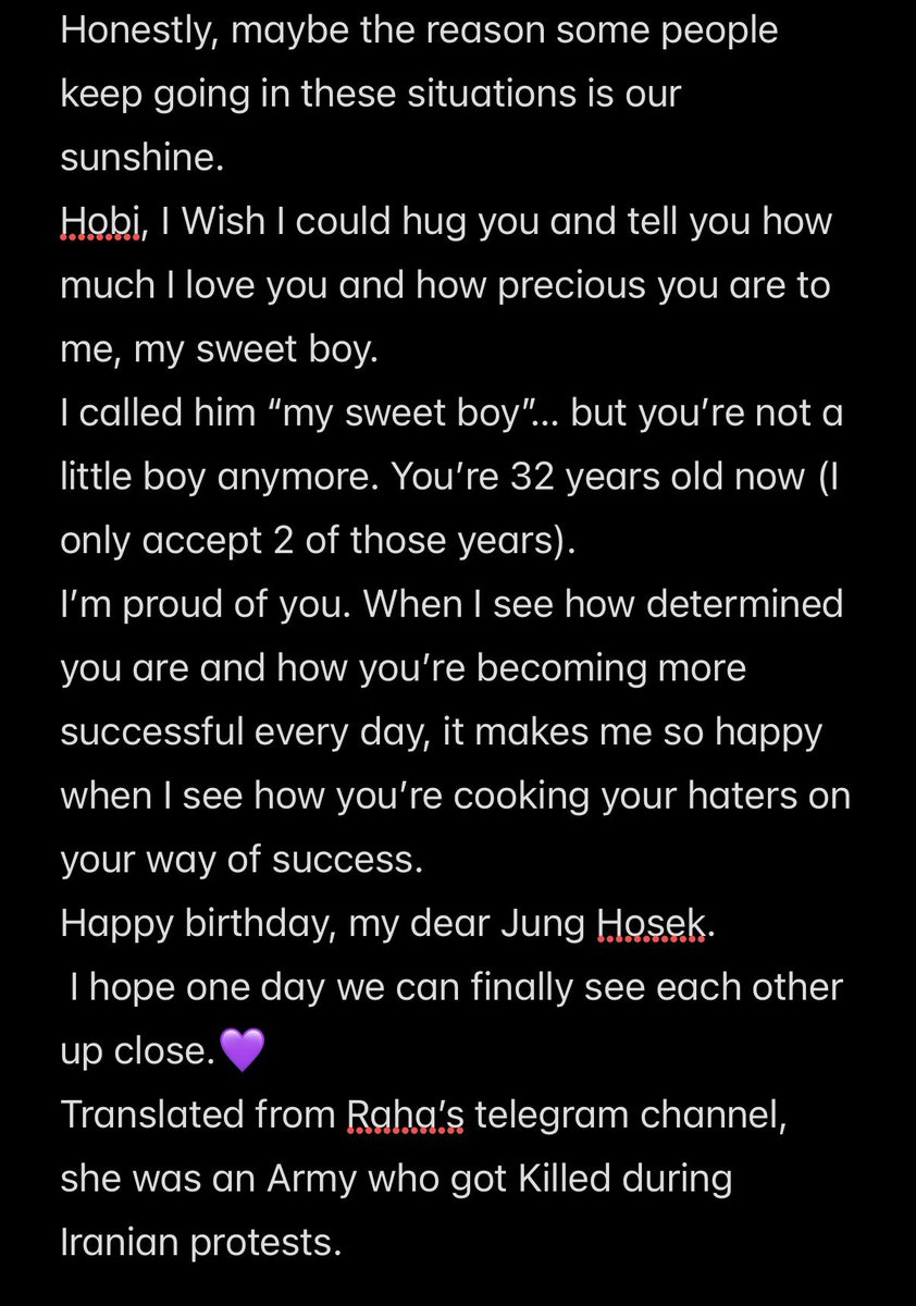 Hobi, this year my B day post for you is a precious one. A translation  of an ami’s letter to you, named Raha. She isn’t with us anymore, she wished to see you, on your birthday 💜 
I know she will, from the sky on the other side of the rainbow.
Happy birthday Hobi, Love you 💜