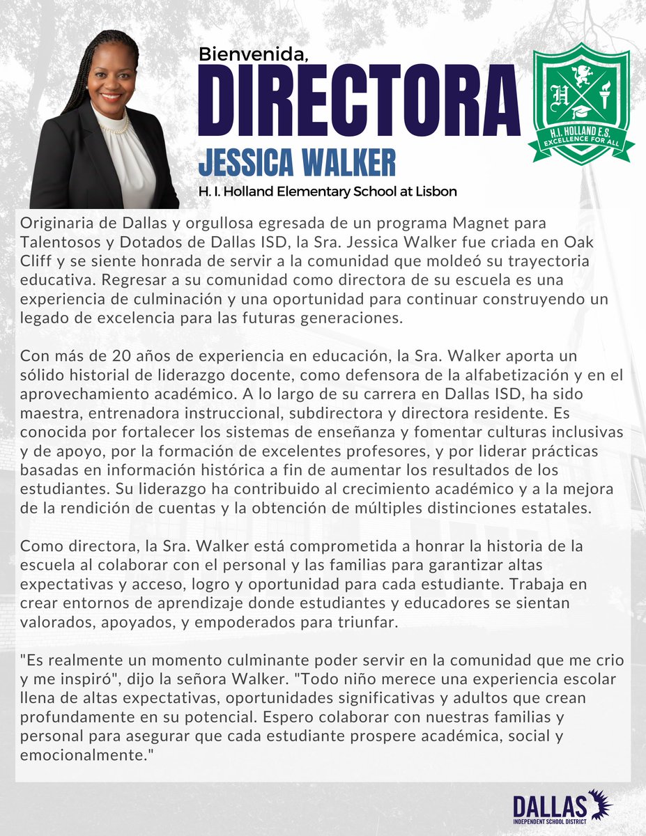 Welcome, Principal Jessica Walker! 🎉 A proud Dallas native and Oak Cliff raised leader, she brings 20+ years of instructional leadership and a deep commitment to excellence to H.I. Holland Elementary at Lisbon.

¡Bienvenida, Directora Jessica Walker! 🎉 Orgullosa nativa de