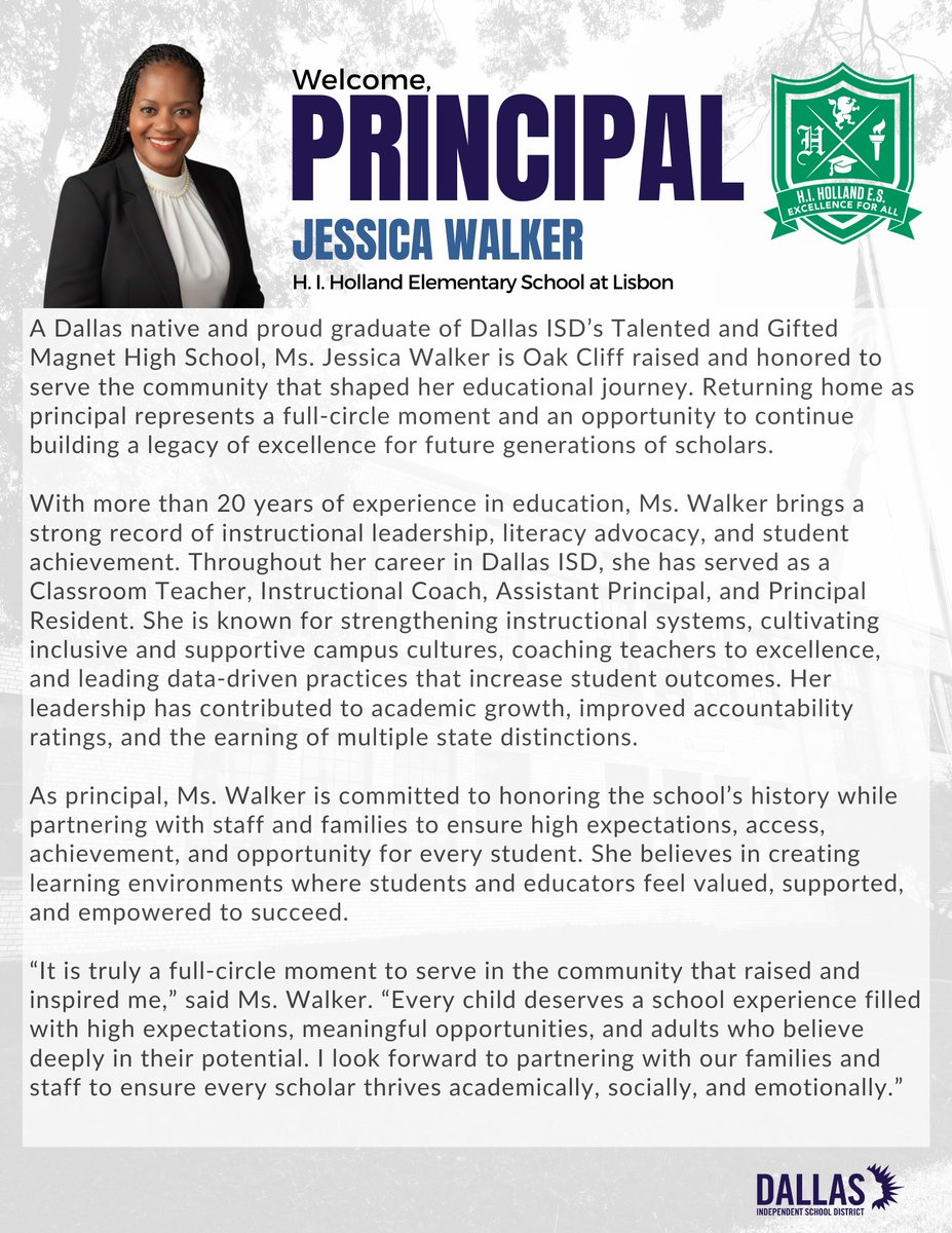 UmojaTurner's tweet photo. Welcome, Principal Jessica Walker! 🎉 A proud Dallas native and Oak Cliff raised leader, she brings 20+ years of instructional leadership and a deep commitment to excellence to H.I. Holland Elementary at Lisbon.

¡Bienvenida, Directora Jessica Walker! 🎉 Orgullosa nativa de Dallas y criada en Oak Cliff, aporta más de 20 años de liderazgo educativo y un firme compromiso con la excelencia a H.I. Holland Elementary at Lisbon.
#HollandExcellence #DallasISD