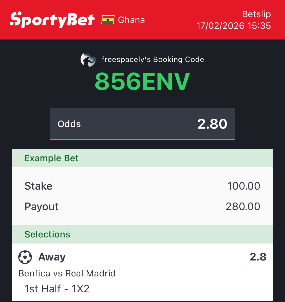 freespacely's tweet image. Real Madrid to win first half.

856ENV

sportybet