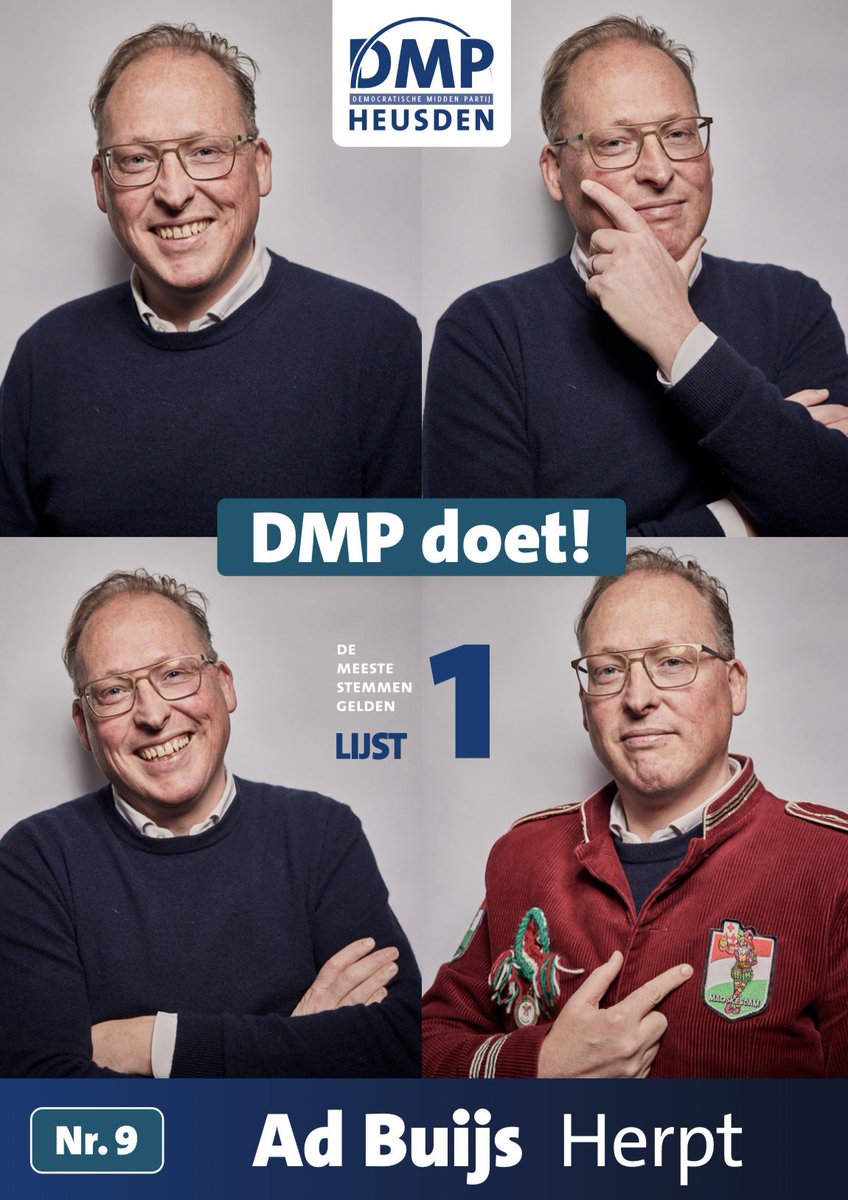 💙 𝙊𝙣𝙯𝙚 𝙣𝙪𝙢𝙢𝙚𝙧 9️⃣ 𝙤𝙥 𝙙𝙚 𝙡𝙞𝙟𝙨𝙩 𝙨𝙩𝙚𝙡𝙩 𝙯𝙞𝙘𝙝 𝙜𝙧𝙖𝙖𝙜 𝙖𝙖𝙣 𝙪 𝙫𝙤𝙤𝙧. 

9️⃣ Ad Buijs uit Herpt 

➡️ Meer weten over onze kandidaten? Neem dan een kijkje op de website: dmpheusden.nl/kandidatenlijst