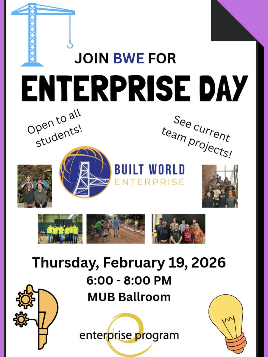 mtucege's tweet photo. Join Built World Enterprise for Enterprise Day!
Open to all students—explore projects, meet the team, and get involved.
📅 Feb. 19, 2026 | ⏰ 6–8 PM
📍 MUB Ballroom
#MichiganTech #EnterpriseDay #HuskyEngineers https://t.co/wIbPdgXb8U