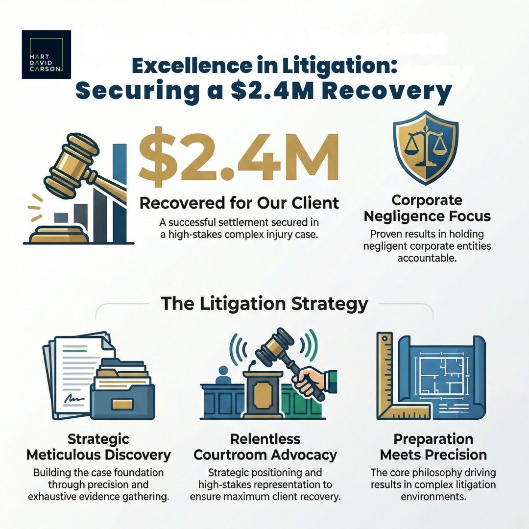When preparation meets precision, results follow.
Our litigation team at Hart David Carson LLP secured a $2.4M recovery in a complex injury case involving corporate negligence. The outcome reflected disciplined investigation, expert coordination, and courtroom-ready strategy from