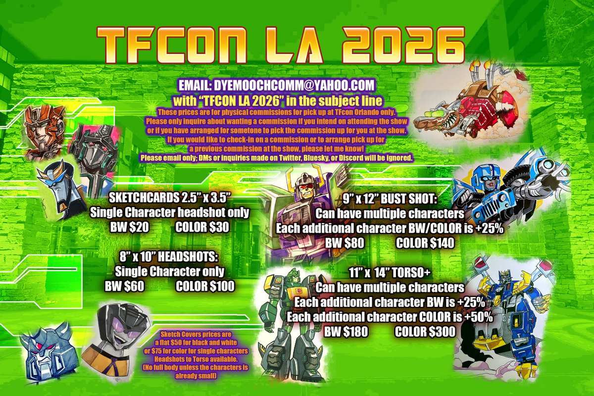 dyemooch's tweet photo. Man, I hate doing these info images because I forget to take pictures of comms for examples. Anyway- these are for physical pick up at TFcon LA this year; I kept forgetting to put this up, but the con is coming up soon D: https://t.co/6c2hhIV62V