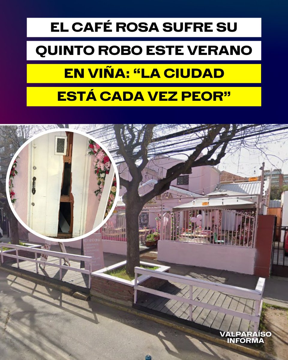 El Café Rosa volvió a ser víctima de la delincuencia tras sufrir un nuevo robo y diversos destrozos en su local ubicado en calle 1 Poniente 820, en Viña del Mar. Según informaron sus propietarios, este corresponde al quinto robo que afecta al recinto durante este verano.

A