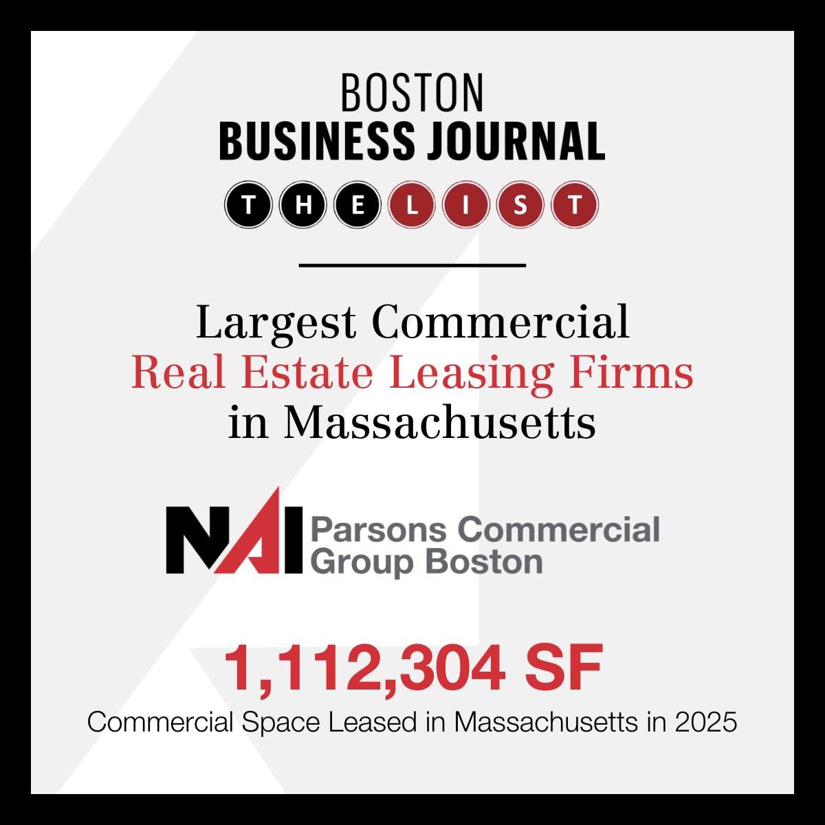 We are honored to once again be recognized by the Boston Business Journal as one of the Largest Commercial Real Estate Leasing Firms in Massachusetts.

In 2025, NAI Parsons Commercial Group Boston leased 1,112,304 square feet of commercial space across Massachusetts.
